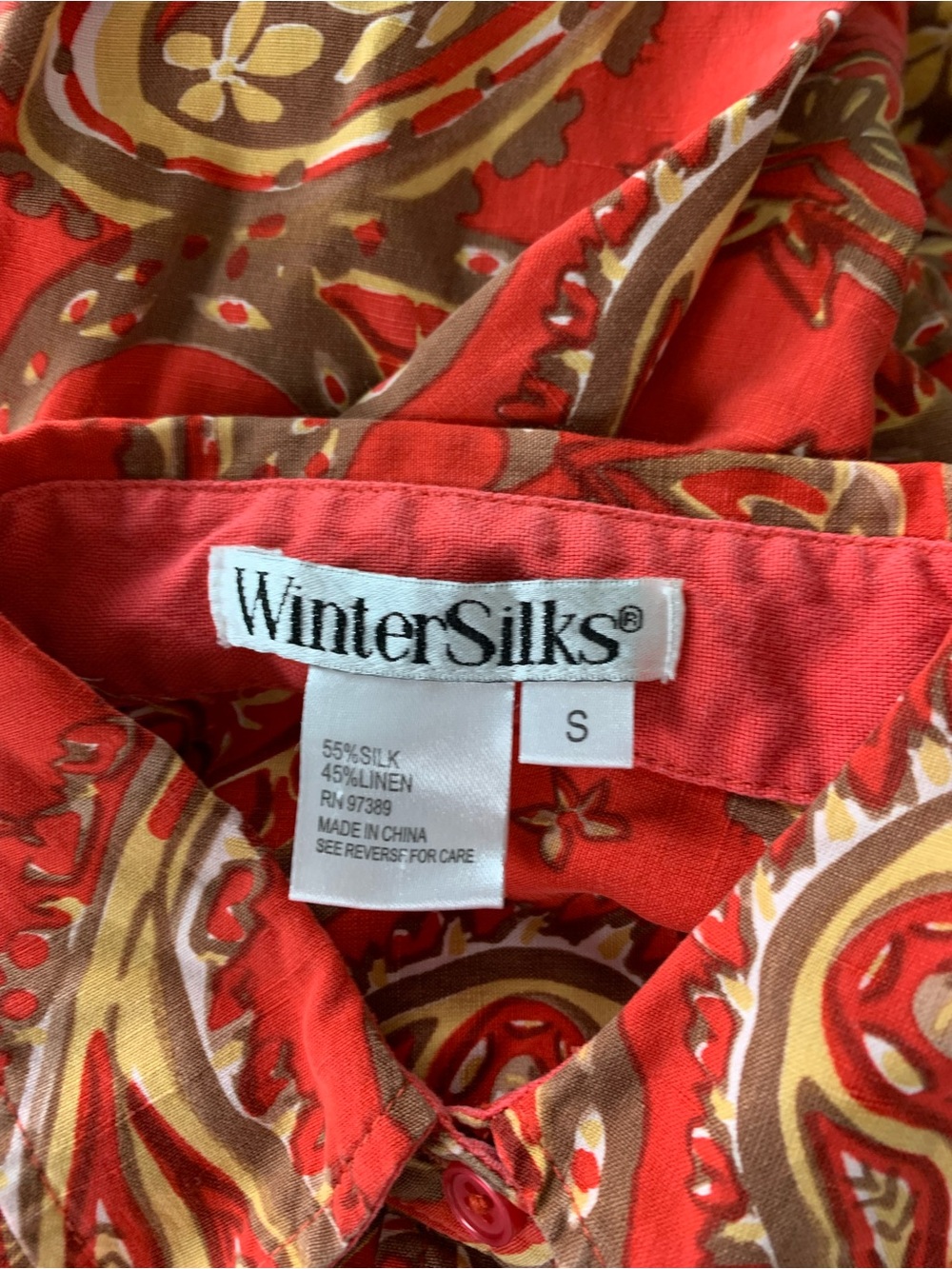 Wintersilks Silk Linen Blend Button Up Shirt Paisley Women’s S Orange Classic - Picture 4 of 15